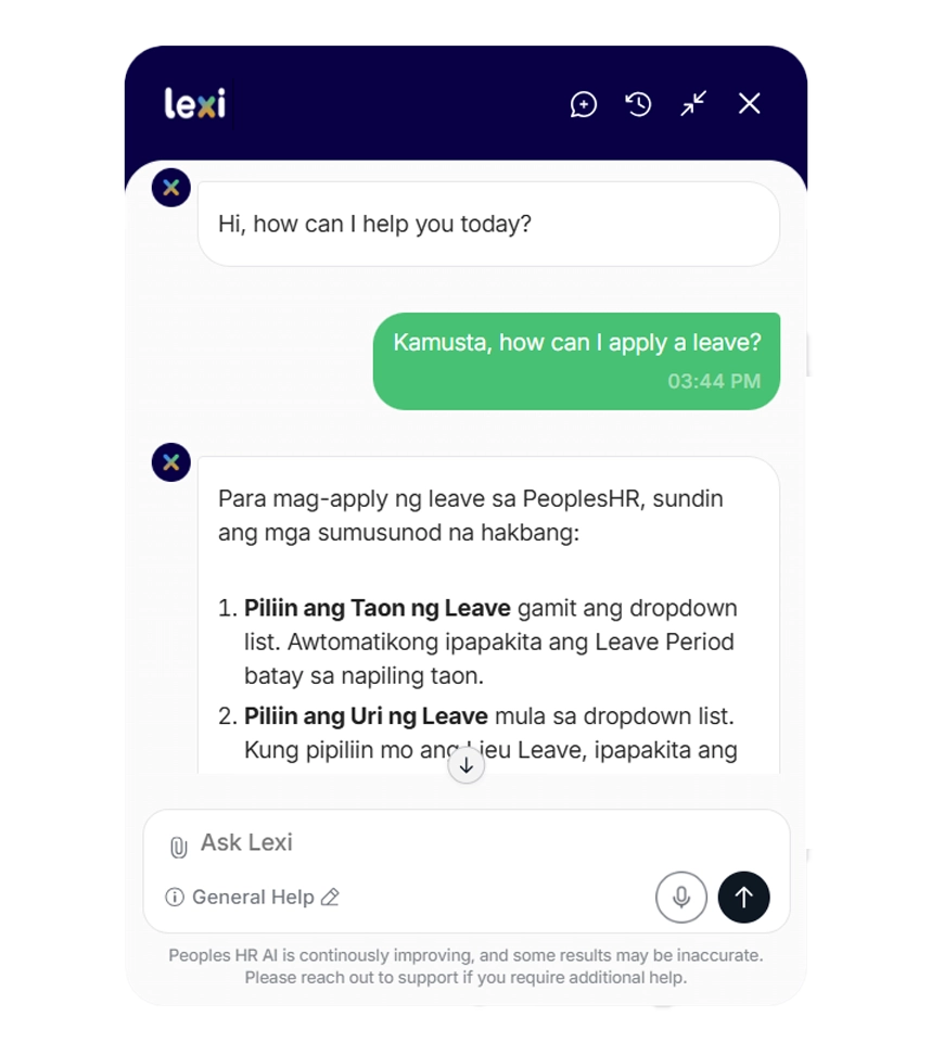 Ask Lexi chat interface